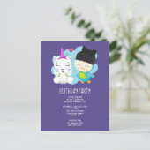 Verjaardag van een leuk tekenfilm-eenhoorn en voge briefkaart (Staand voorkant)