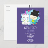 Verjaardag van een leuk tekenfilm-eenhoorn en voge briefkaart (Voorkant / Achterkant)