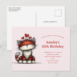 Verjaardag van een schattige kat met rode liefdesh uitnodiging briefkaart