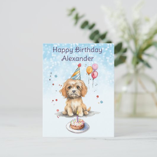 Verjaardag van een schattige puppy met feesthoed briefkaart (Staand voorkant)