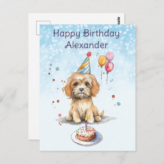 Verjaardag van een schattige puppy met feesthoed briefkaart (Voorkant / Achterkant)