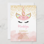 Verjaardag van eenhoorn met gouden glitter kaart (Voorkant)