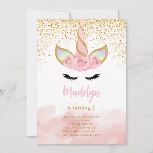 Verjaardag van eenhoorn met gouden glitter kaart (Voorkant)