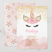 Verjaardag van eenhoorn met gouden glitter kaart (Voorkant / Achterkant)