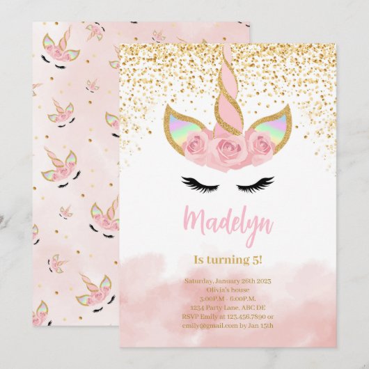 Verjaardag van eenhoorn met gouden glitter kaart (Voorkant / Achterkant)