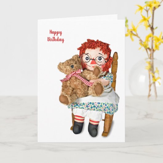 Verjaardag van lappenpop en teddybeer kaart (Gele Bloem)