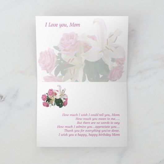 Verjaardag van mama - Witte lelies en roze rozen. Kaart (Binnen)