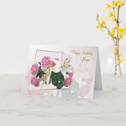 Verjaardag van mama - Witte lelies en roze rozen. Kaart (Gele Bloem)