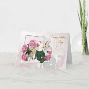 Verjaardag van mama - Witte lelies en roze rozen. Kaart
