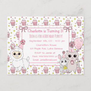 Verjaardag van schattig kitten, lama en muis meisj briefkaart