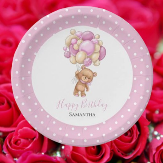 verjaardag van Teddy Bear Girl Balloons Roze Stipp Papieren Bordje