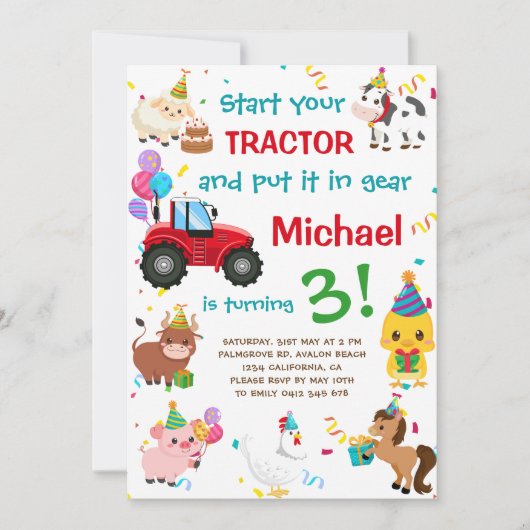 Verjaardag van tractoren en landbouwhuisdieren kaart (Voorkant)