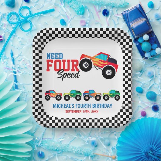 Verjaardag van vier snelheidsmonstervrachtwagen no papieren bordje (Feest)