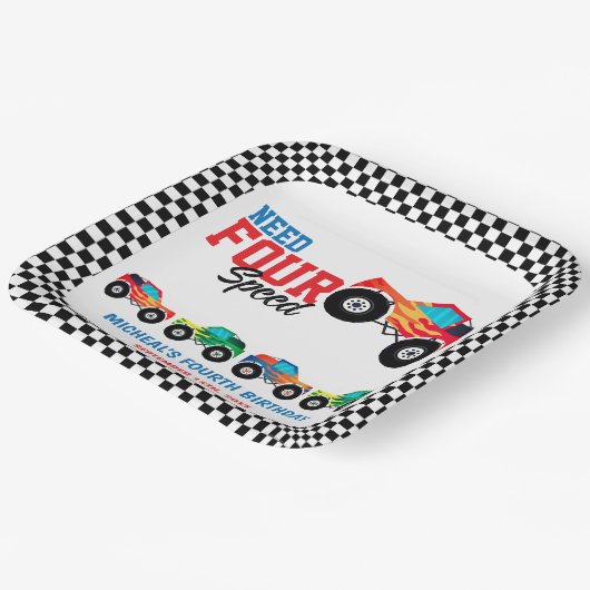 Verjaardag van vier snelheidsmonstervrachtwagen no papieren bordje (Gebogen)