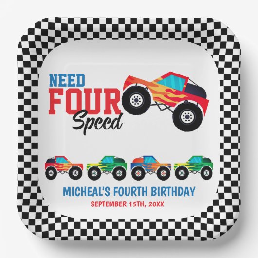 Verjaardag van vier snelheidsmonstervrachtwagen no papieren bordje (Voorkant)
