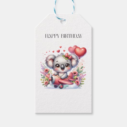 Verjaardag van vliegende koala cadeaulabel (Voorkant)