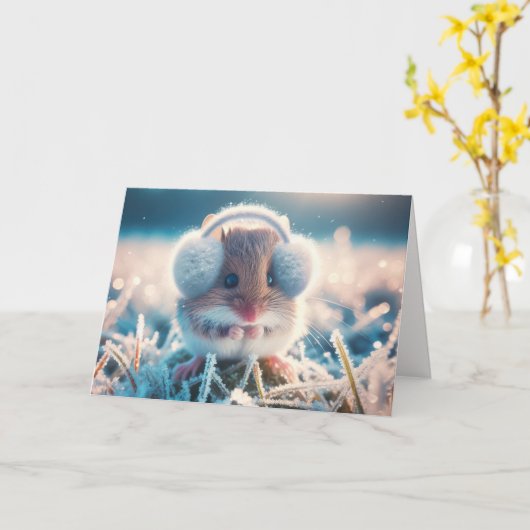 Verjaardag veldmuis met oorbeschermers kaart (Gele Bloem)