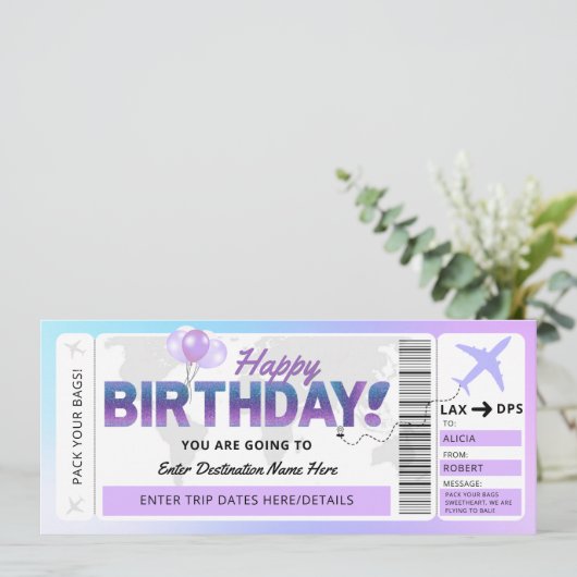 Verjaardag Verrassing Flight Gift Ticket Sjabloon Kaart (Staand voorkant)