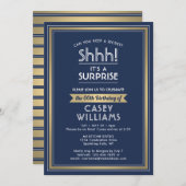 Verjaardag verrassingsfeest Shhh! Marine blauw en  Kaart (Voorkant / Achterkant)