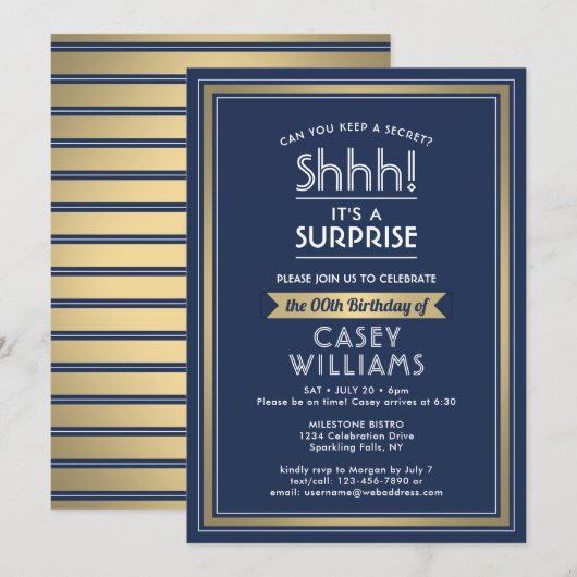 Verjaardag verrassingsfeest Shhh! Marine blauw en  Kaart (Voorkant / Achterkant)