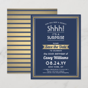 Verjaardag verrassingsfeest Shhh! Marine blauw en  Save The Date