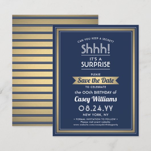 Verjaardag verrassingsfeest Shhh! Marine blauw en Save The Date (Voorkant / Achterkant)