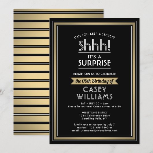 Verjaardag Verrassingsfeest Shhh! Zwart, Wit & Gou Kaart (Voorkant / Achterkant)