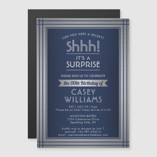 Verjaardag Verrassingsfeestje Elegant Navy Blauw & Magnetische Uitnodiging (Voorkant / Achterkant)