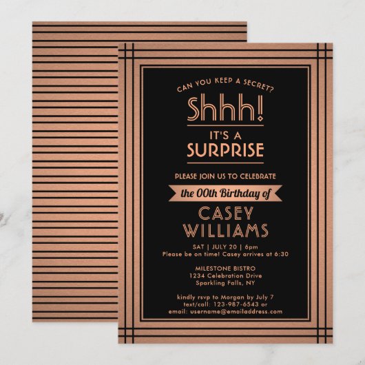 Verjaardag Verrassingsfeestje Elegant Zwart en Kop Kaart (Voorkant / Achterkant)