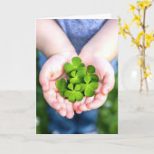 Verjaardag vier-blad klaveren in kleine handen kaart (Gele Bloem)
