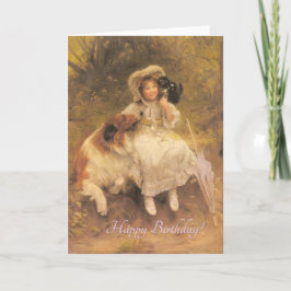 Verjaardag, vintage kind met collie en kitten kaart
