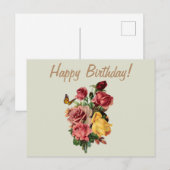 Verjaardag Vintage Rozen en Vlinder  Briefkaart (Voorkant / Achterkant)