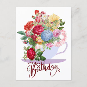 Verjaardag Vintage Rozen in een Theekopje Briefkaart