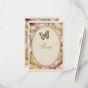 Verjaardag Vintage Rozen Vlinder, Muzieknoten RSVP Kaartje