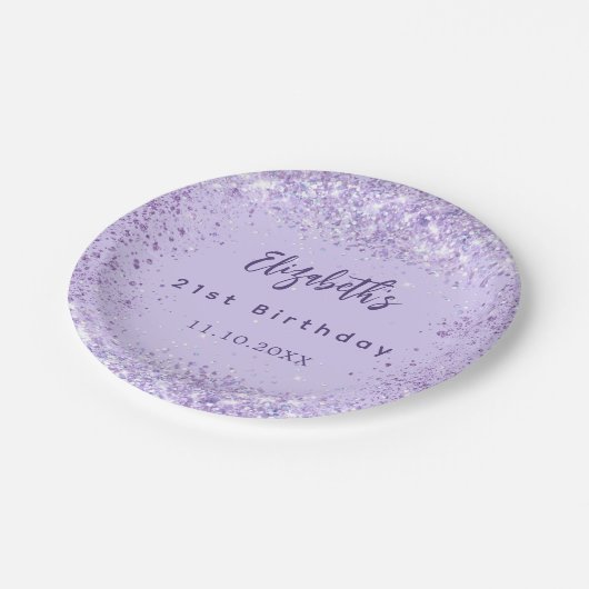 Verjaardag violette confetti elegant papieren bordje (Gekanteld)