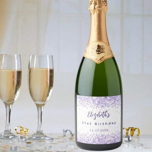 Verjaardag violette witte confetti elegante partij sparkling wijnetiket