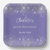 Verjaardag violette zilveren glitter schittert papieren bordje (Voorkant)