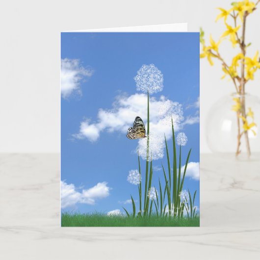 Verjaardag vlinder op bladerbloem kaart (Gele Bloem)