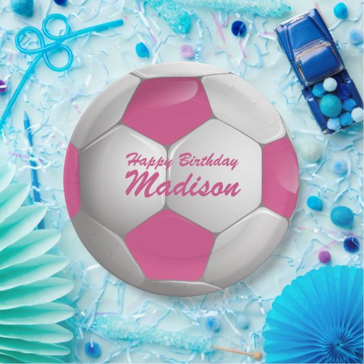  Verjaardag Voetbal Roze en Wit Papieren Bordje (Feest)