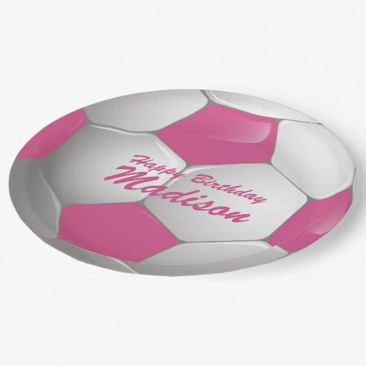  Verjaardag Voetbal Roze en Wit Papieren Bordje (Gekanteld)
