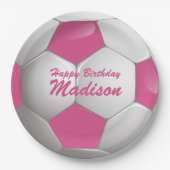 Verjaardag Voetbal Roze en Wit Papieren Bordje (Voorkant)