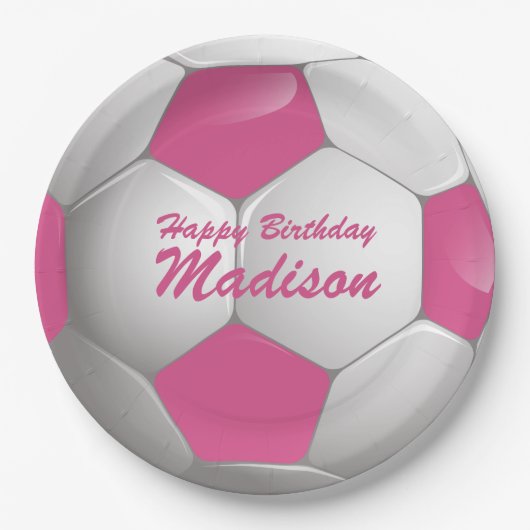  Verjaardag Voetbal Roze en Wit Papieren Bordje (Voorkant)