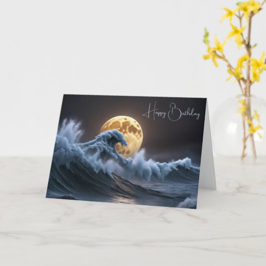 Verjaardag Volle Maan In Ocean Wave Kaart (Gele Bloem)