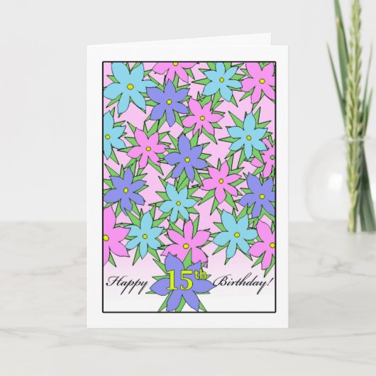 Verjaardag voor 15-jarig meisje, pastelbloemen kaart (Voorkant)