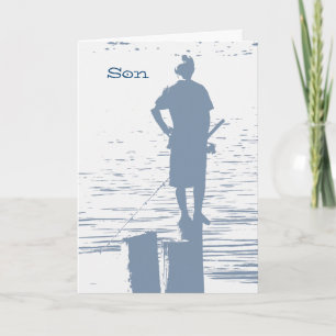 Verjaardag voor een zoon, jongen die op stoom vist kaart