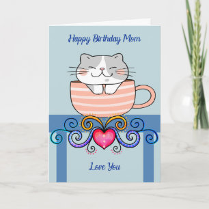 Verjaardag voor mama met kat in koffiekopje kaart