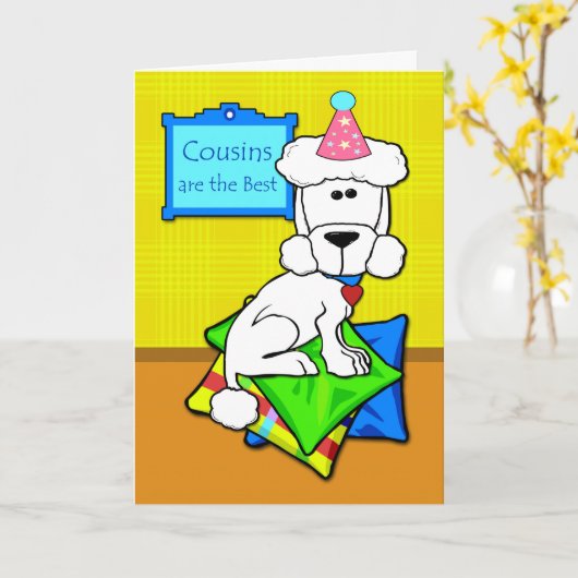 Verjaardag voor neef, witte poedel op Kussen Kaart (Gele Bloem)