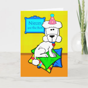 Verjaardag voor nichtje, witte poedel op Kussen Kaart