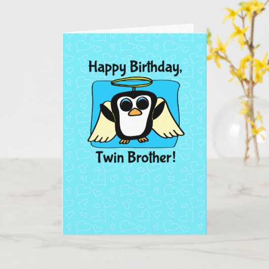 Verjaardag voor tweelingbroer - Little Angel Pengu Kaart (Gele Bloem)