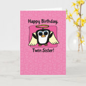 Verjaardag voor Twin Sister - Little Angel Penguin Kaart (Gele Bloem)